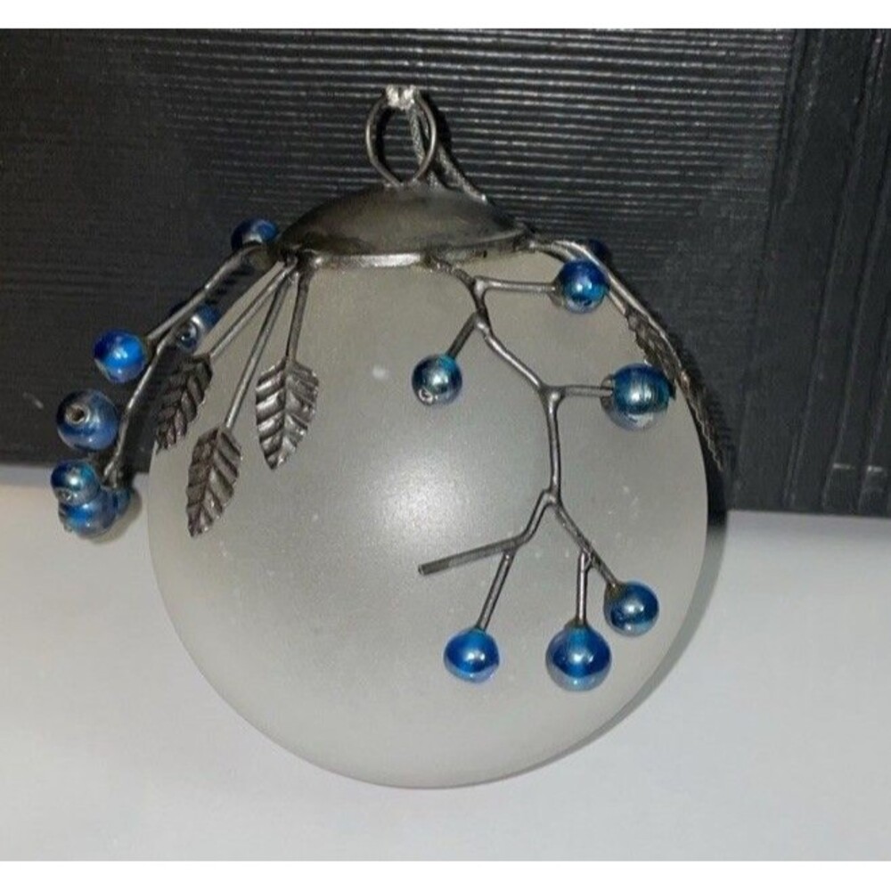 Frosted Glass Ball Ornament Blue Beaded Berry Branch Metal Leaves Boho Hol
